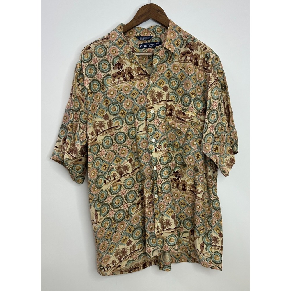 Vintage Nautica Moroccan Medallion Camel Print Button Shirt Mens Medium Resort - Picture 3 of 14